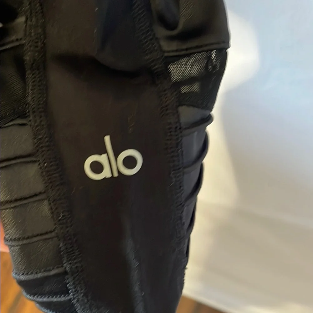 Alo Black Leggings with Ribbed Accents moto style sheer mesh